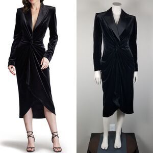 Tadashi Shoji Black Atike Long Sleeve Velvet Cocktail Tuxedo Midi Dress Size XS